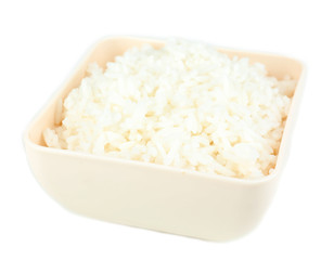 Cooked rice in bowl isolated on white