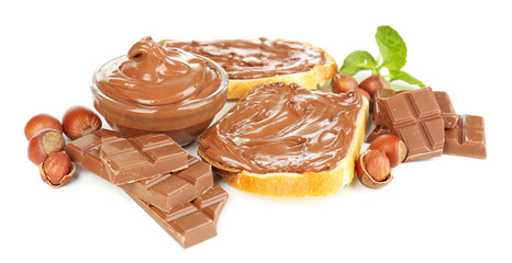 Bread with sweet chocolate hazelnut spread isolated on white