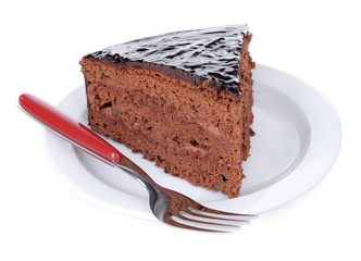 Delicious chocolate cake isolated on white