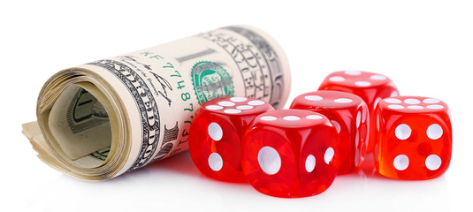 Red dices and money, isolated on white