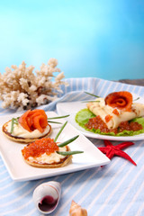 Pancakes with red caviar, salmon and mayo, green onion,