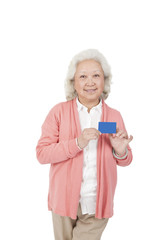 .Senior woman holding name card.