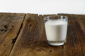glass of milk on wooden background