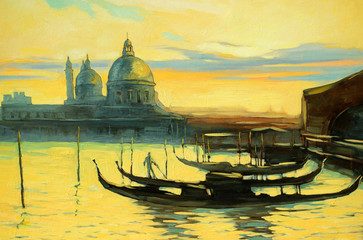 Landscape with gondolas to Venice, painting, an illustration
