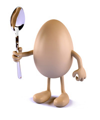 egg with arms, legs and spoon on hand