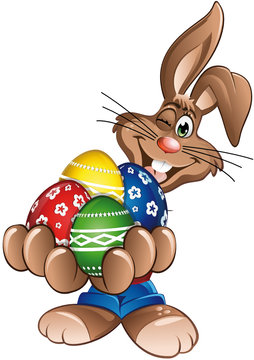 Happy Easter Rabbit holding eggs