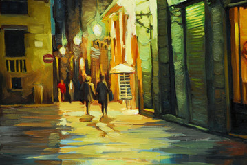 rain in gothic quarter of barcelona, painting by oil, illustrati