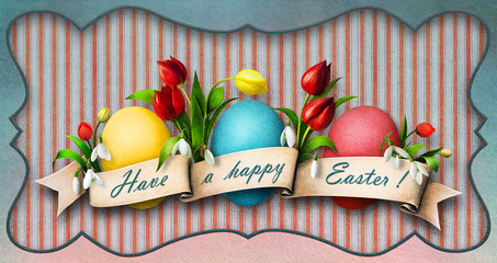 Greeting card or banner Easter with eggs, flowers and banner