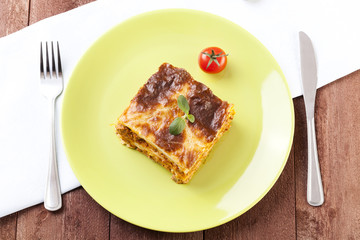 Portion of tasty lasagna on a plate