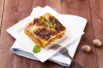 Portion of tasty lasagna on a plate