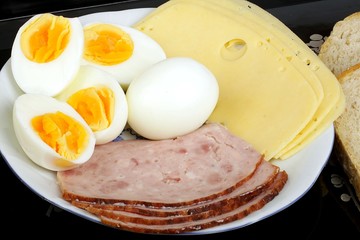 half boiled eggs with ham and cheese