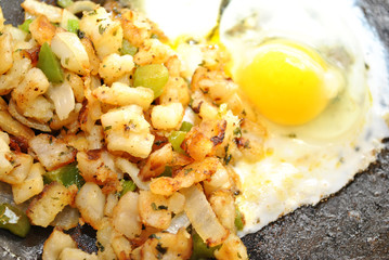 Close-Up of an Egg and Fried Poatoes Cooking