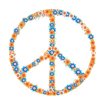 Peace symbol made from flowers on white background.