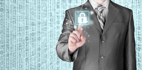 Businessman touch lock on world map  background