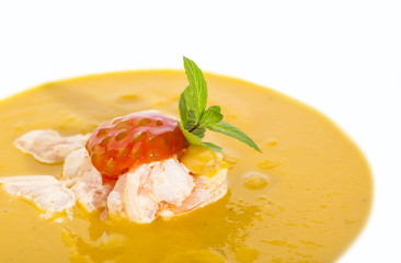 soup with shrimp and tomato on a white background