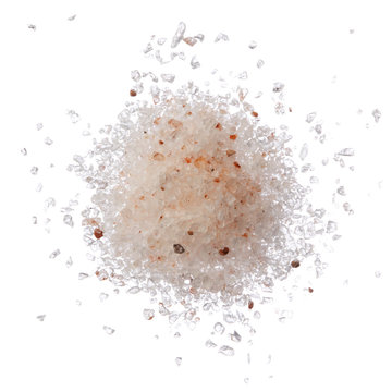 Himalayan pink salt pile isolated on white top view