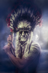 American Indian warrior, chief of the tribe. man with feather he