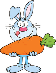 Hungry Blue Rabbit Cartoon Character Holding A Big Carrot