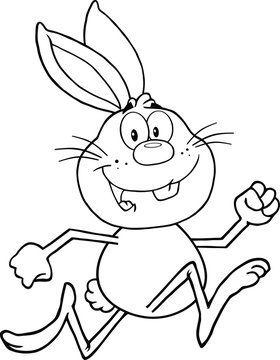 Black And White Smiling Rabbit Cartoon Character Running