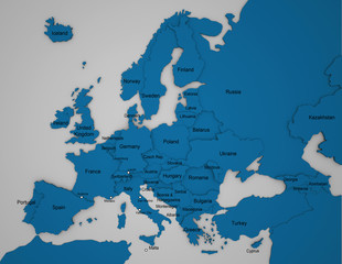 3D Europakarte mit Ländernamen auf englisch in blau