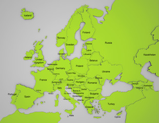3D Europakarte mit Ländernamen auf englisch in grün