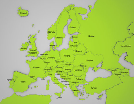 3D Europakarte mit L&auml;ndernamen auf englisch in gr&uuml;n