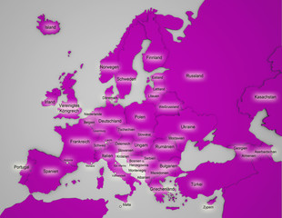 3D Europakarte mit Ländernamen auf deutsch in lila