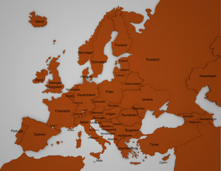 3D Europakarte mit Ländernamen auf deutsch in orange