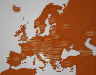 3D Europakarte mit Ländernamen auf englisch in orange