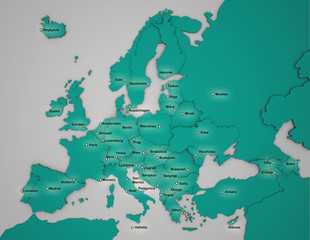 3D Europakarte mit Hauptstädten in türkis