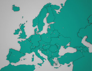 3D Europakarte mit Hauptstädten in türkis