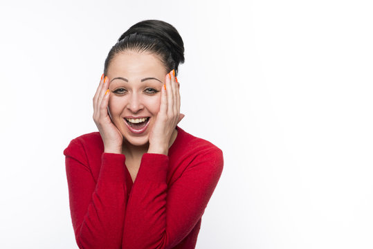 Beautiful female model wearing red jumper