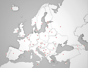 3D Europakarte mit Hauptstädten in weiß - obrazy, fototapety, plakaty