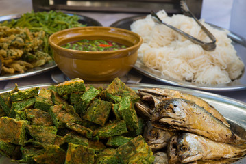 Thai traditional food with fried mackerel and vegetable omelet