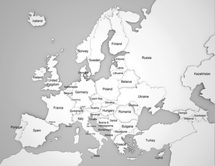 3D Europakarte mit Ländernamen auf englisch