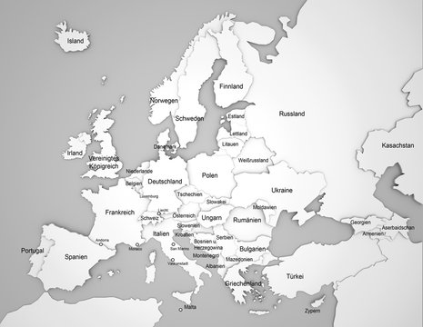 3D Europakarte mit L&auml;ndernamen auf deutsch