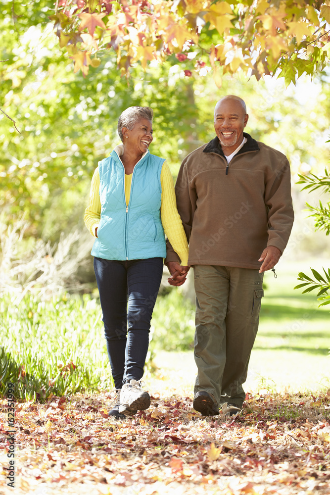 Wall mural senior couple walking through autumn woodland