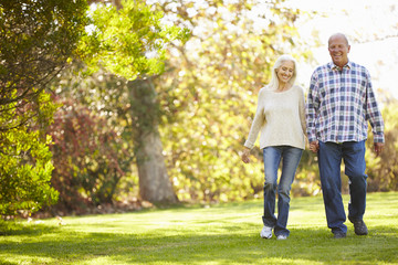 Senior Couple Walking Through Autumn Woodland - obrazy, fototapety, plakaty