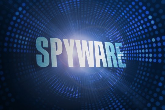 Spyware against futuristic dotted blue and black background