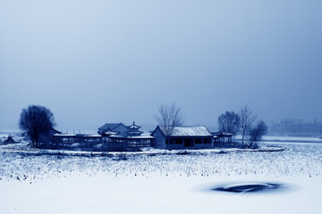 Fototapeta na wymiar Buddhist Temple Landscape Architecture in the snow