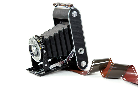 vintage bellows camera with filmstrip