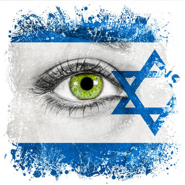 Israel or Israelian flag painted on face with green eye