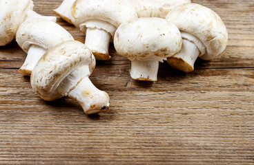 Top view of agaricus mushroom on wooden table. Copy space
