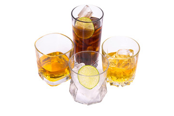 Selection of whiskey on ice over white background