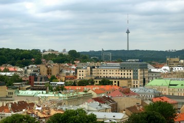 Fototapeta na wymiar Miasto Wilno czerwone dachy i wieża telewizyjna na wzgórzu.