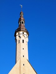 Fototapeta na wymiar Fragment with tall town hall tower. Old Tallinn