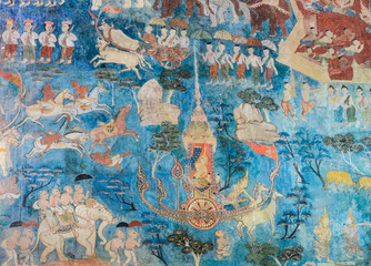 Ancient Thai mural painting of the Life of Buddha on temple wall