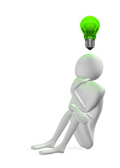 3d man thinking and yellow light bulb above