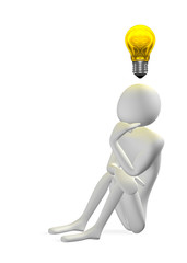 3d man thinking and yellow light bulb above