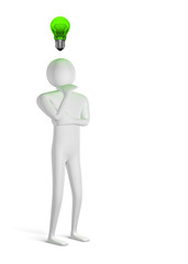 3d man thinking and yellow light bulb above